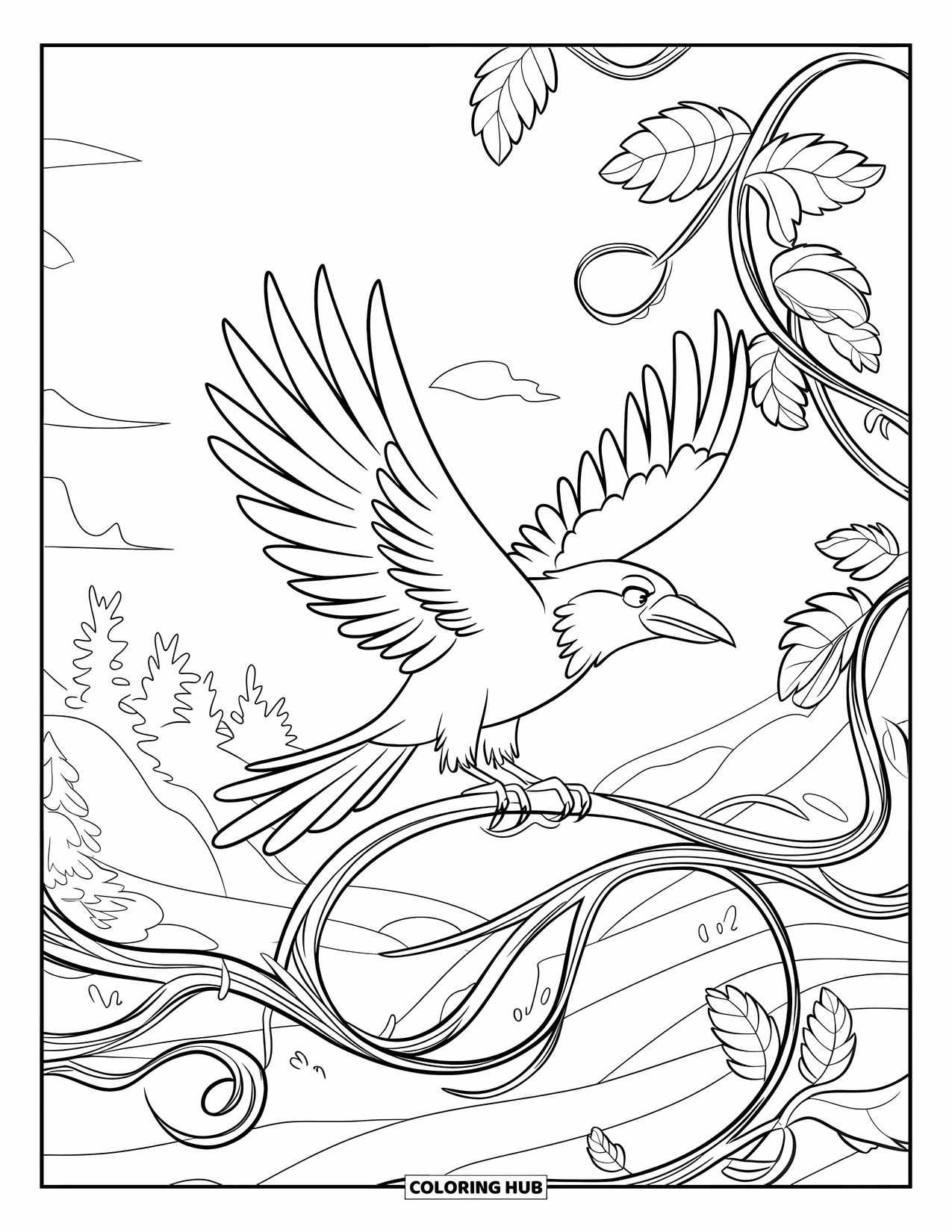 Crow Coloring Page for Kids: A crow spreads its wings on a vine-covered branch in the forest