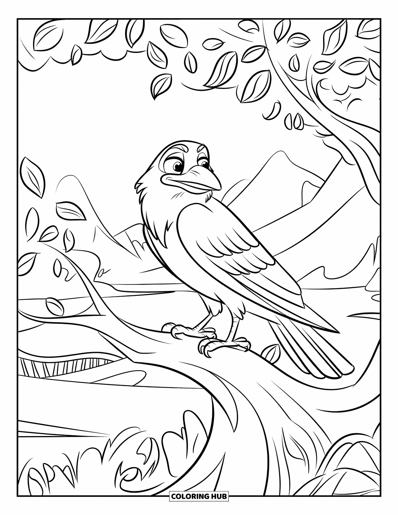 Crow Coloring Page for Kids: A detailed crow perches on a thick tree with swirling leaves and distant mountains