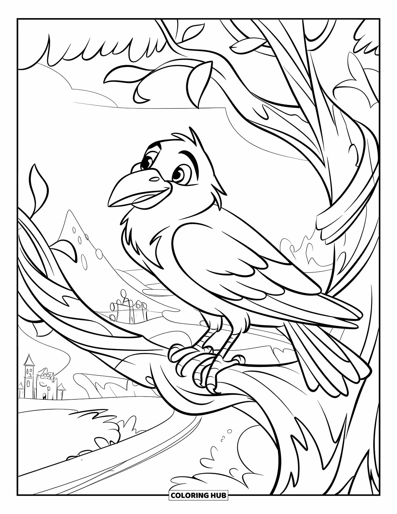 Crow Coloring Page for Kids: A friendly crow in a hat rests on a spiraled tree with mountains and a castle