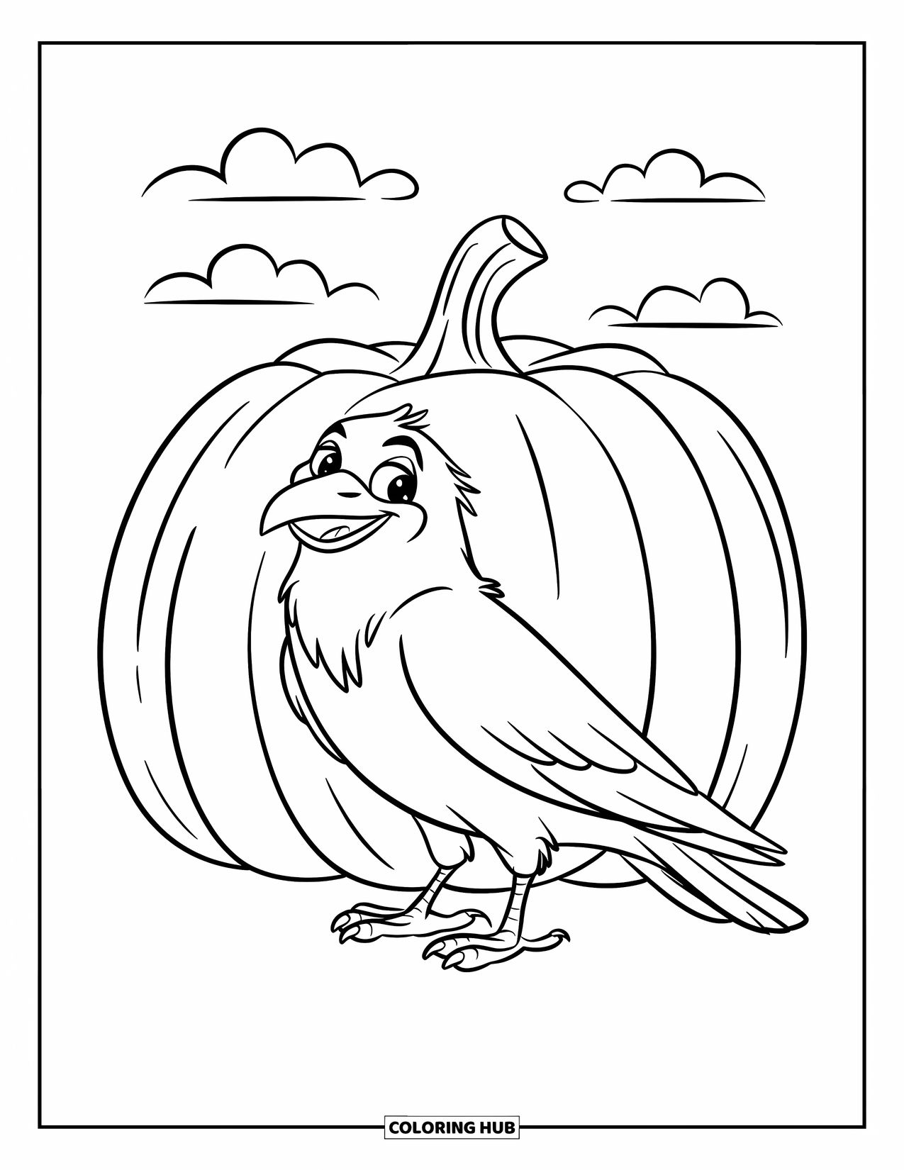 Crow Coloring Page for Kids: A friendly crow stands beside a huge pumpkin under a sunny sky