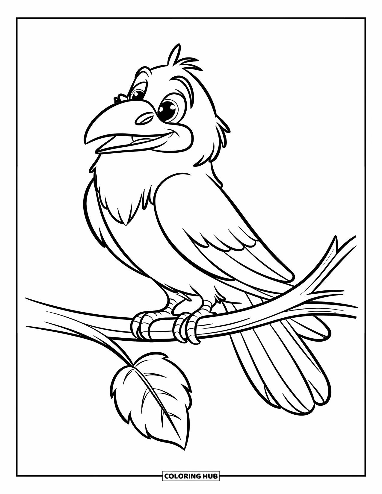 Crow Coloring Page for Kids: A happy crow with a yellow beak rests on a branch with one leaf