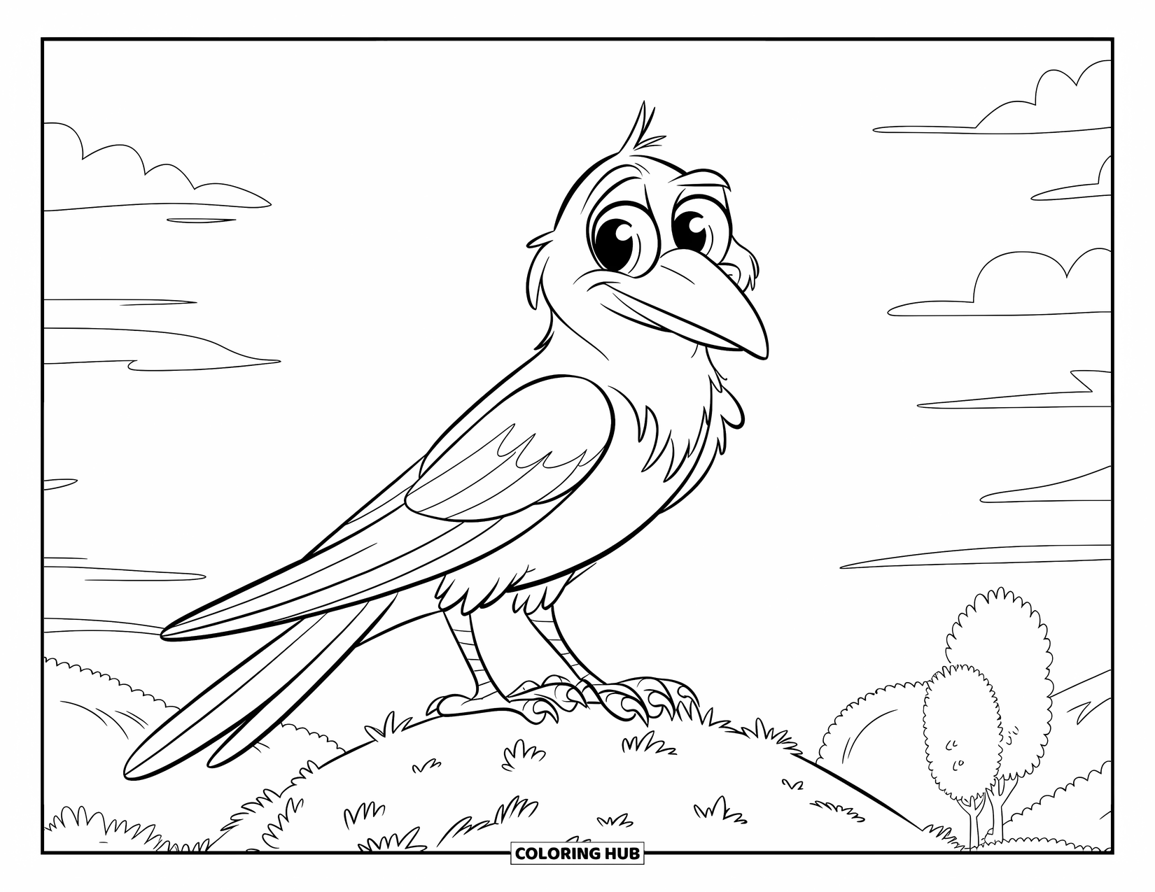 Crow Coloring Page for Kids: A small crow in a hat stands proudly on a grassy hill