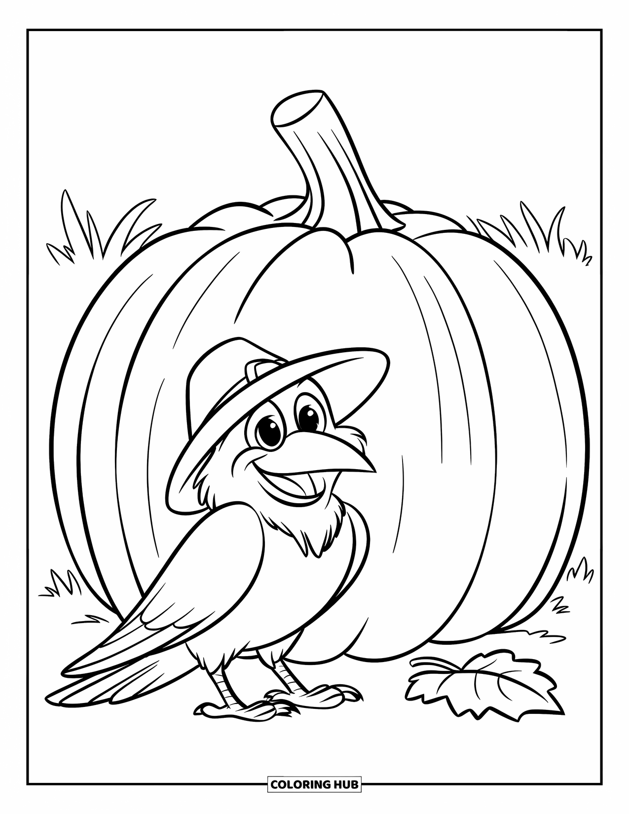 Crow Coloring Page for Kids: A smiling crow in a yellow hat sits beside a giant pumpkin