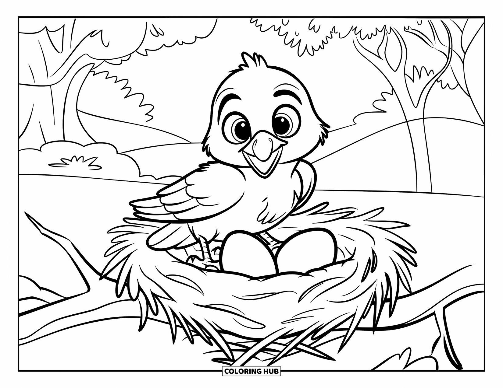 Crow Coloring Page for Kids: A sweet baby crow with big eyes sits on a nest in the trees