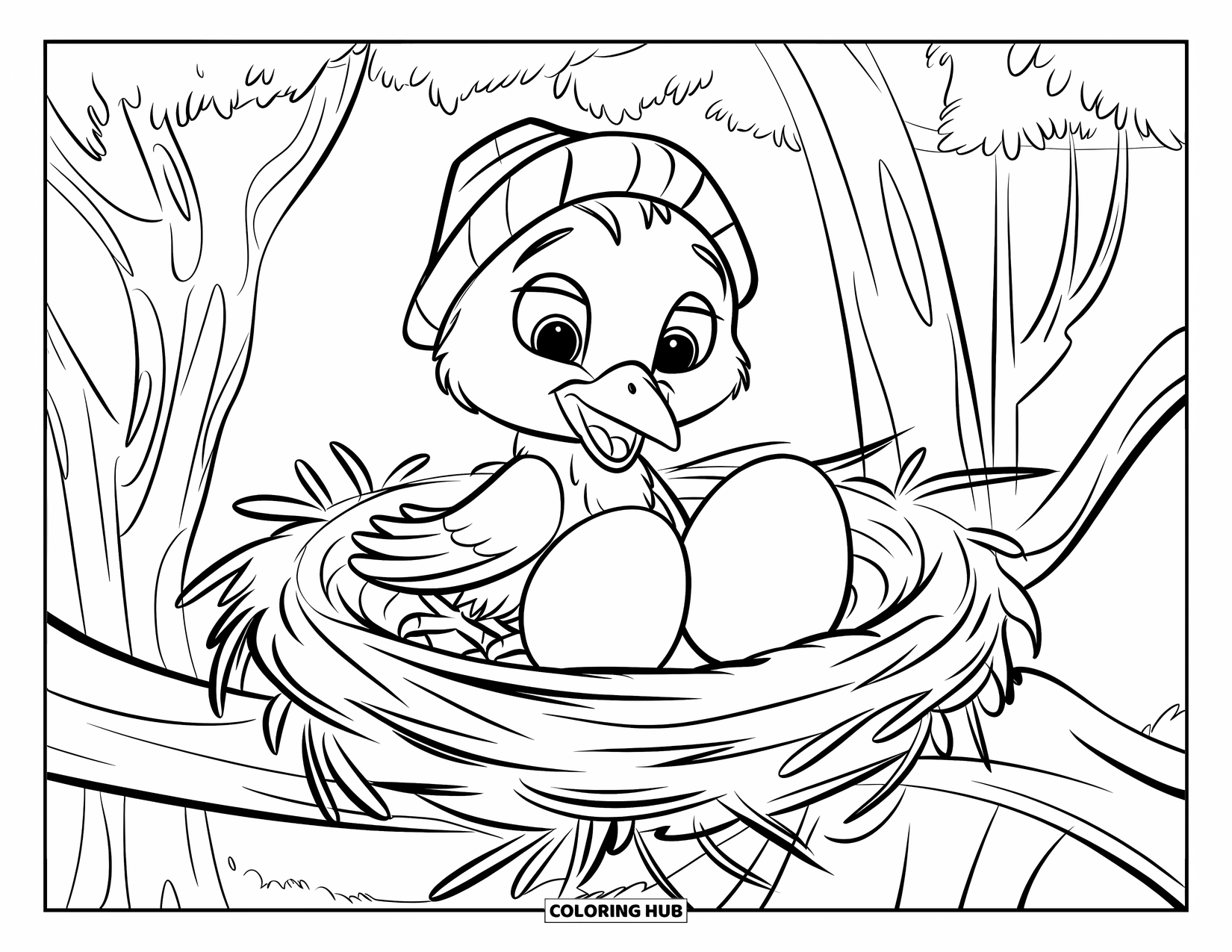 Crow Coloring Page for Kids: A tiny crow in a hat rests on a nest with two speckled eggs