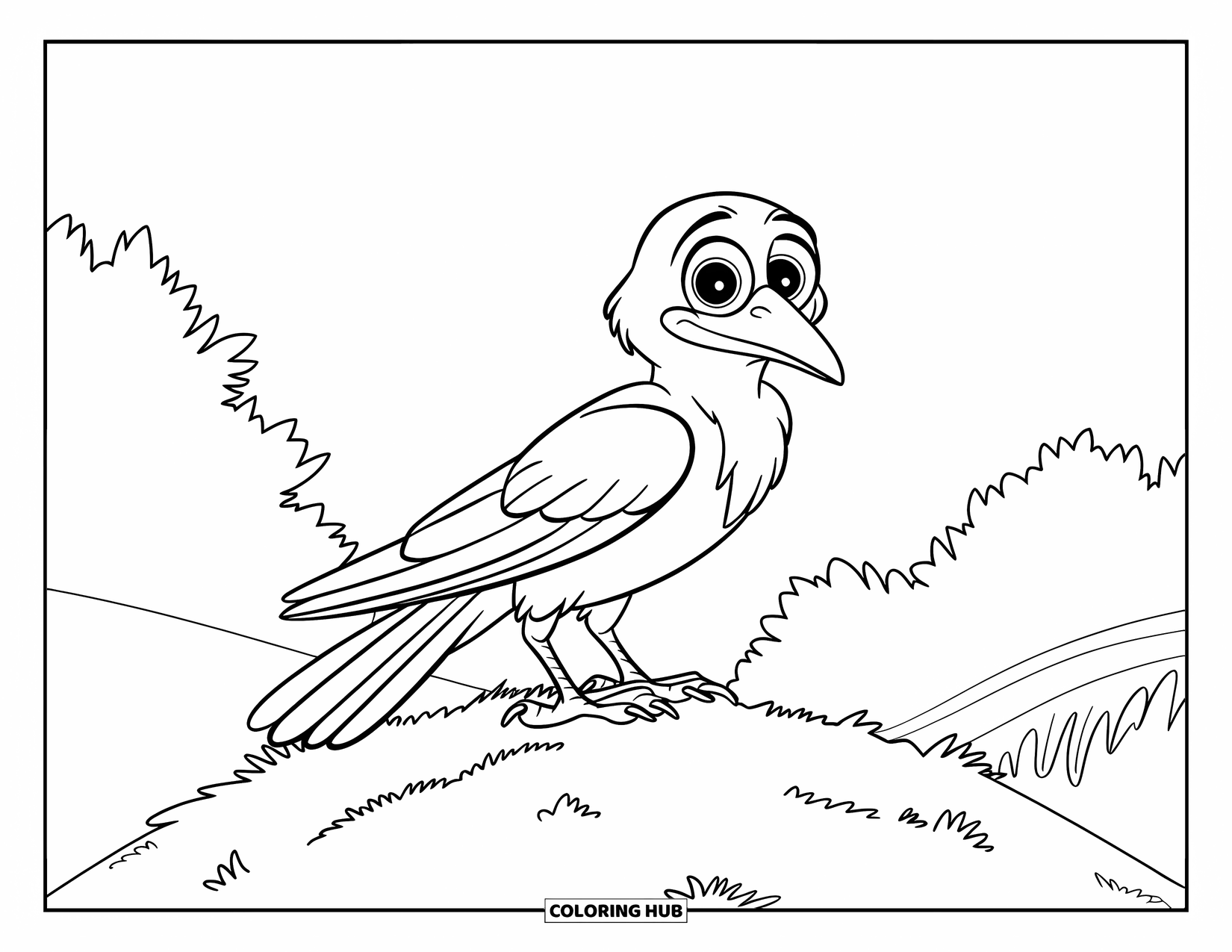 Crow Coloring Page for Kids: A wide-eyed crow in a hat looks around from the top of a grassy hill