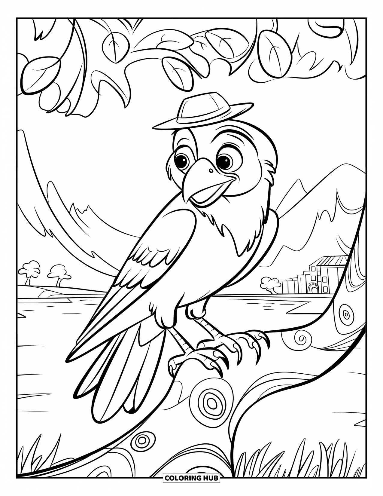 Crow Coloring Page for Kids: A wide-eyed crow with a hat sits on a unique tree with swirling leaves