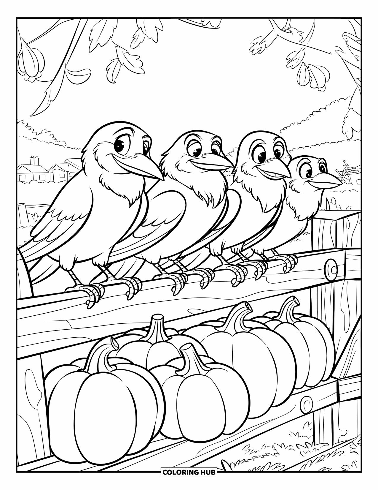 Crow Coloring Page for Kids: Crows sit on a knotted fence surrounded by pumpkins and trees