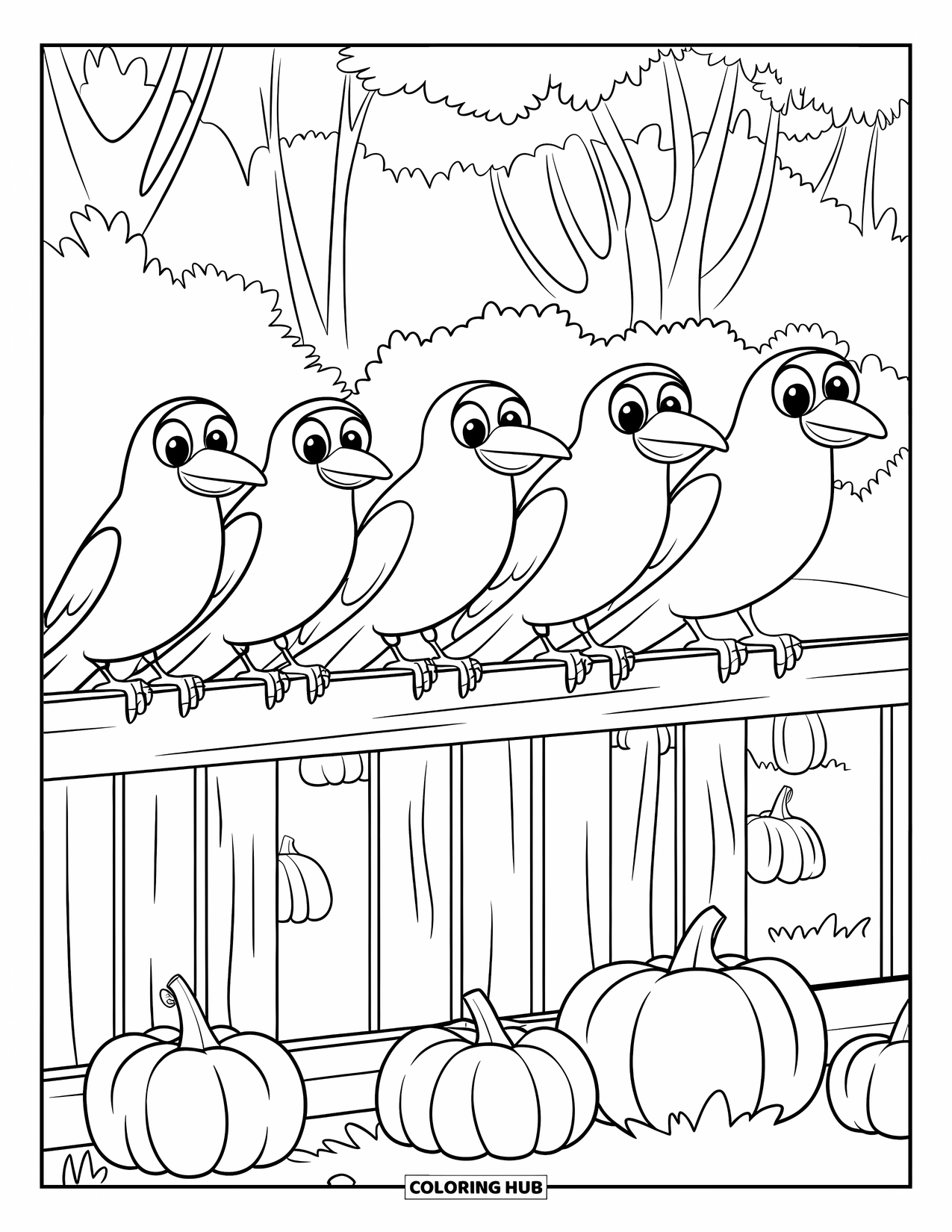 Crow Coloring Page for Kids: Crows with big eyes sit on a fence with pumpkins below