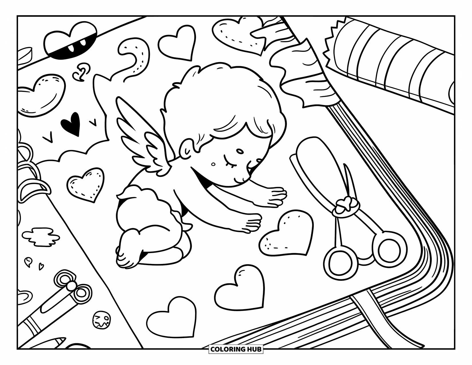 Cupid Coloring Page for Adults: Cupid decorates a large journal with heart stickers and bow-shaped mini scissors