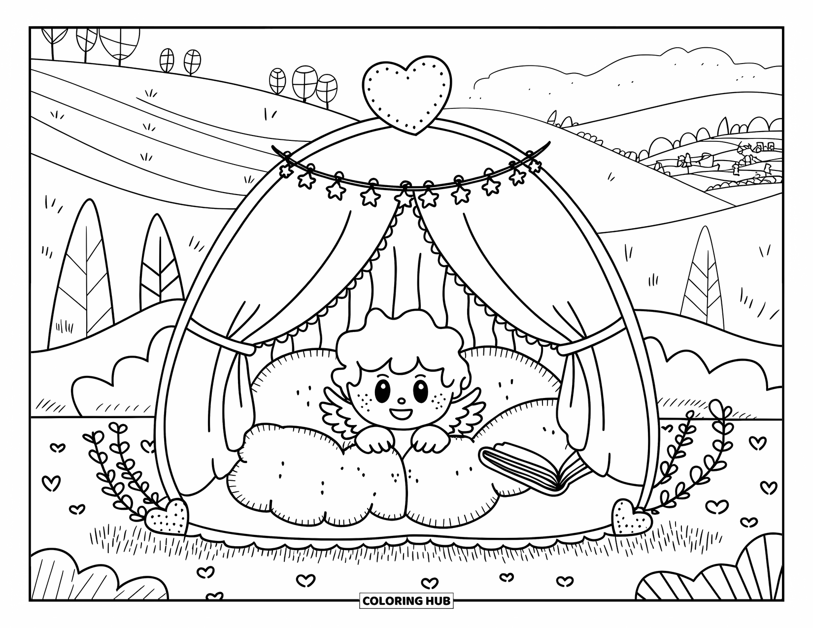 Cupid Coloring Page for Adults: Cupid hides in a heart-shaped tent with cushions and garlands overlooking a quiet town