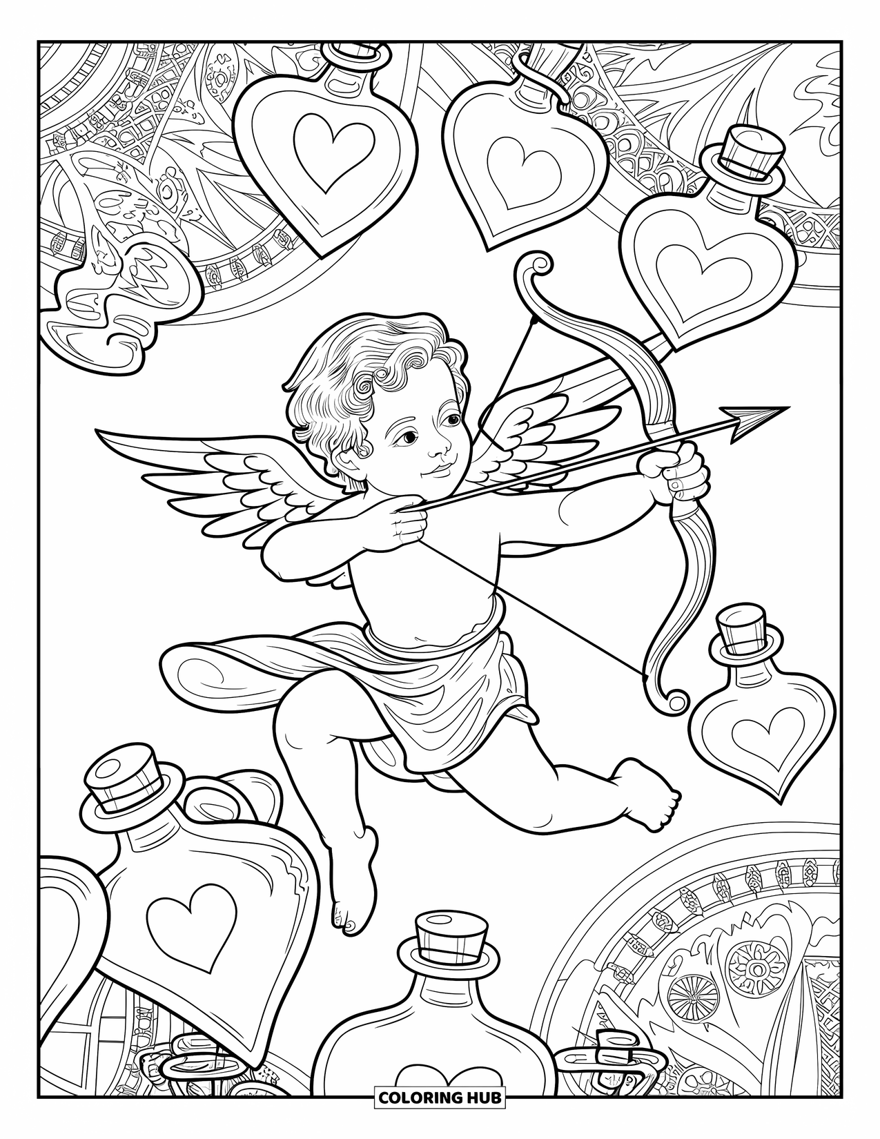 Cupid Coloring Page for Adults: Cupid holds a bow among heart-shaped potion bottles and swirling patterns