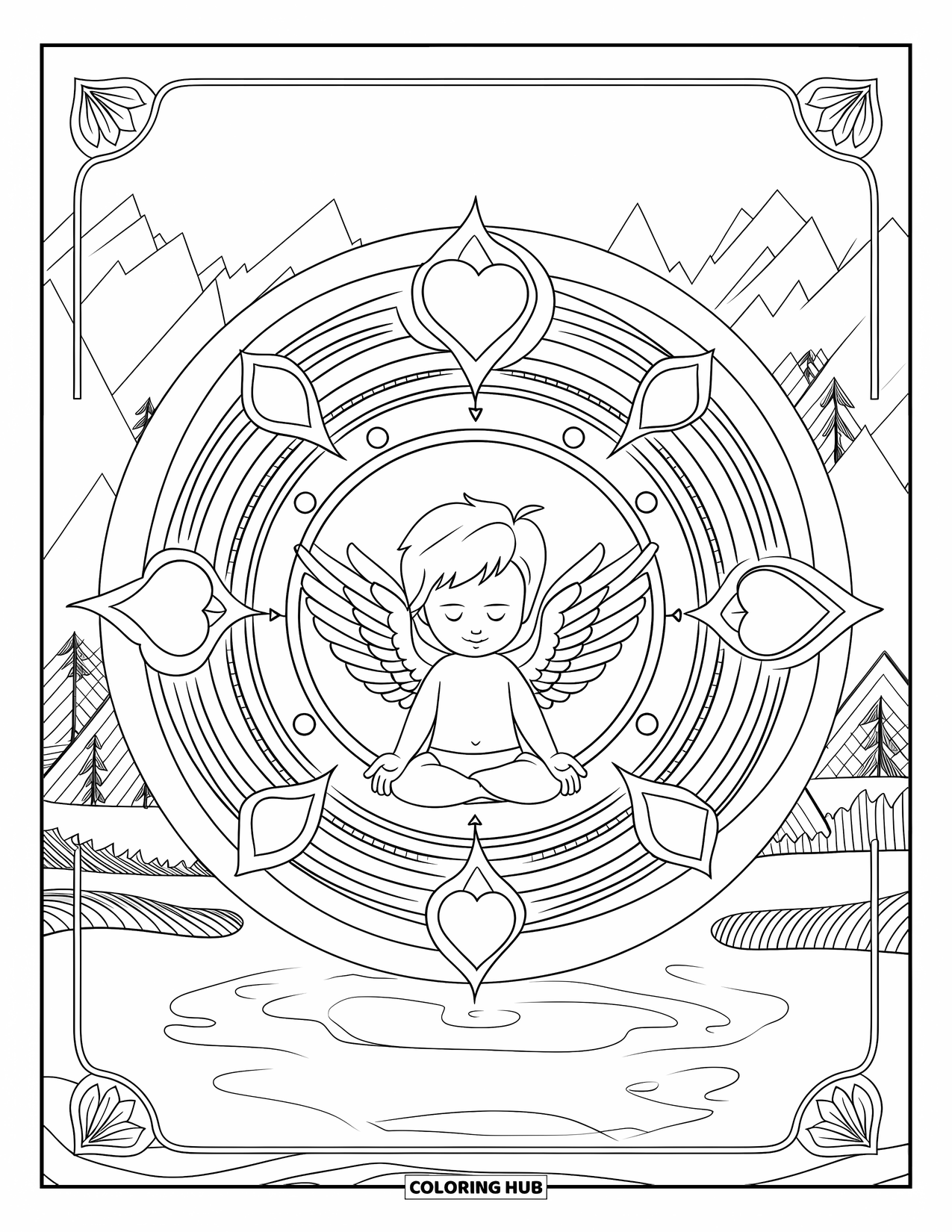 Cupid Coloring Page for Adults: Cupid meditates in a circular temple decorated with layered mandalas and heart sigils