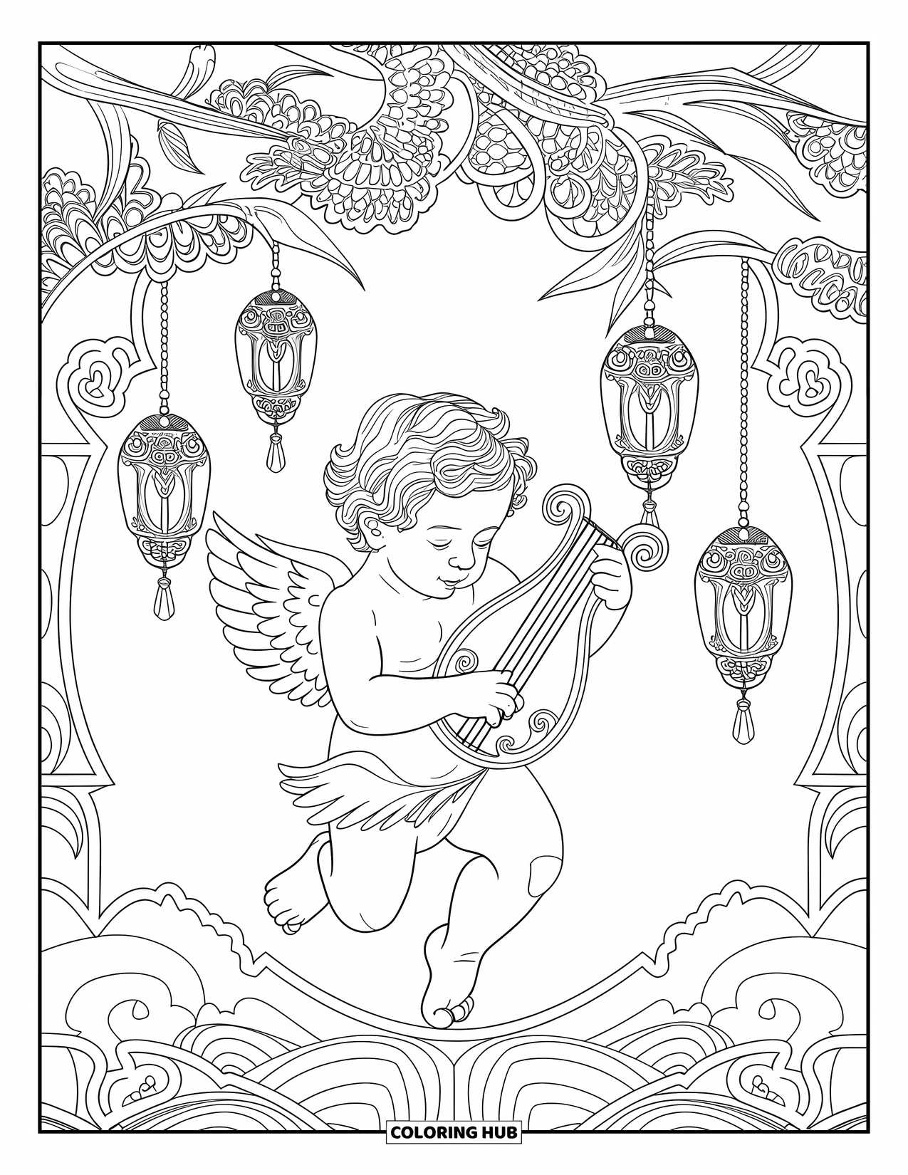 Cupid Coloring Page for Adults: Cupid plays a lyre surrounded by ornate branches and glowing lanterns