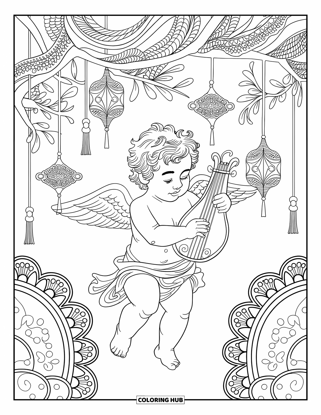 Cupid Coloring Page for Adults: Cupid strums a lyre under delicate branches with hanging lanterns and patterns