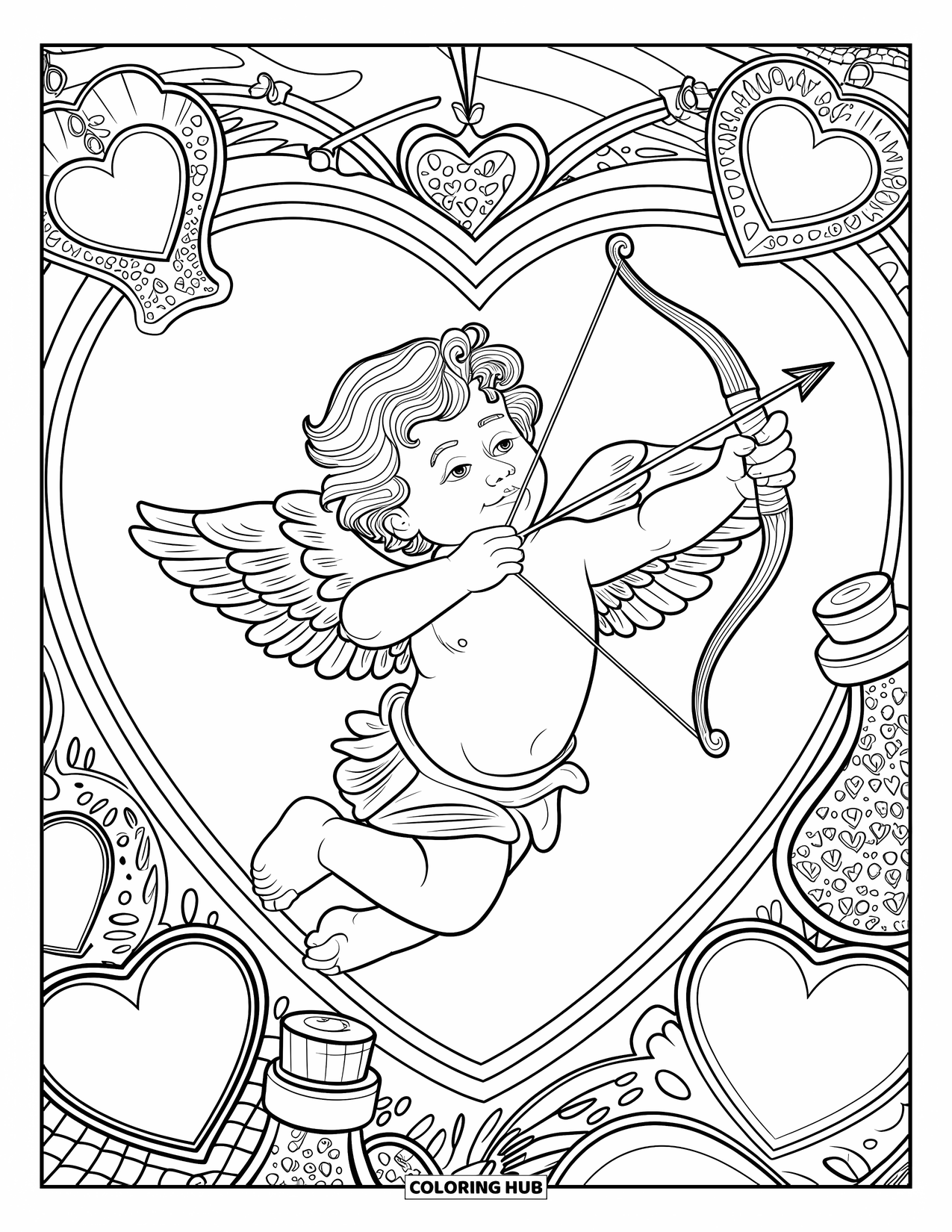 Cupid Coloring Page for Adults: Cupid with wings holds a bow surrounded by heart potions and intricate designs