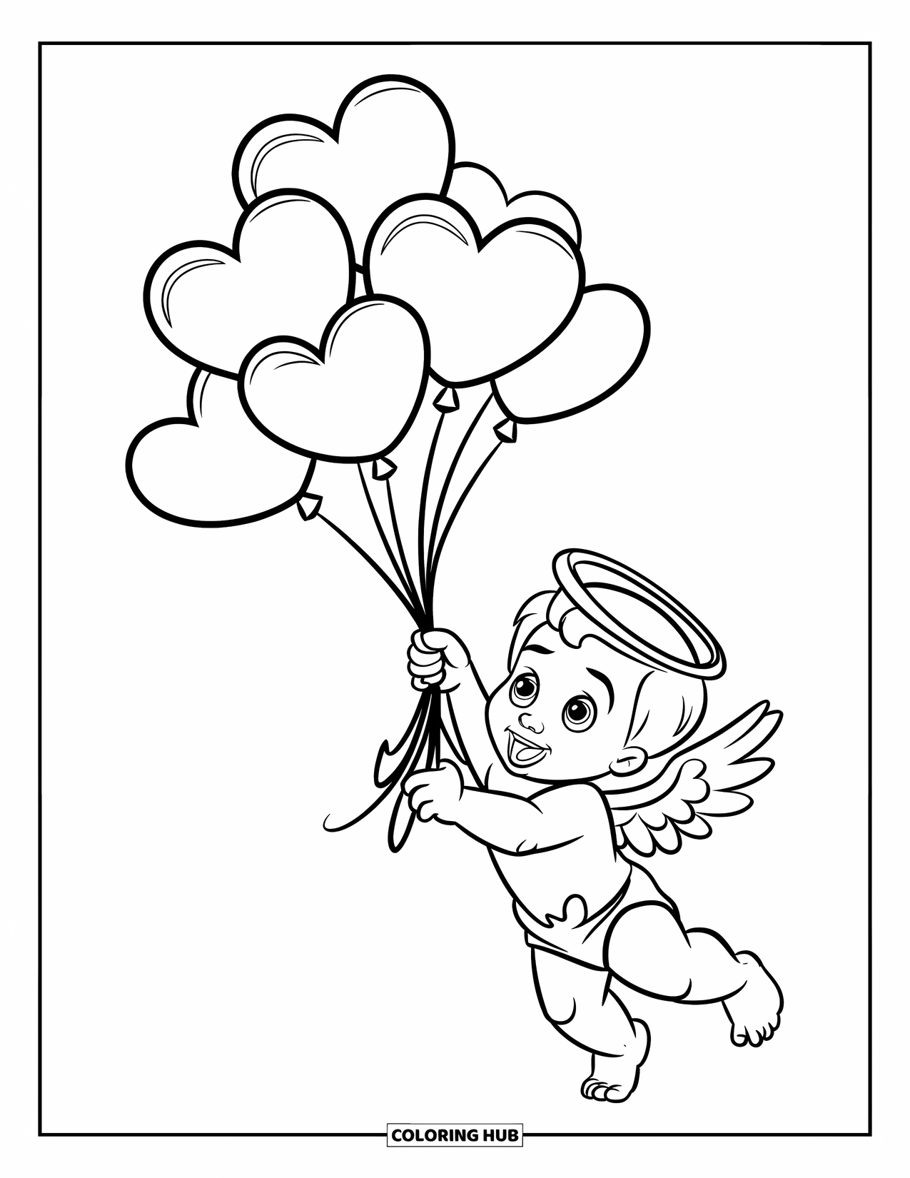 Cupid Coloring Page for Kids: Cupid beams while holding a bouquet of heart-shaped balloons