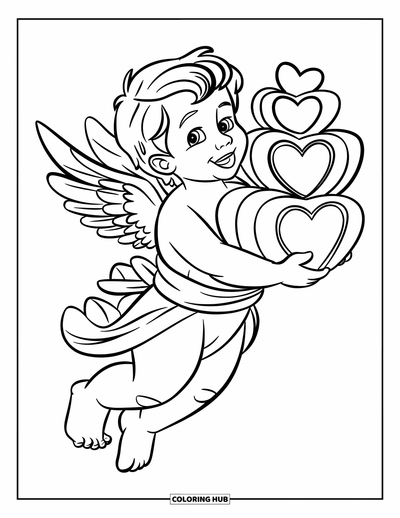 Cupid Coloring Page for Kids: Cupid carries stacked heart-shaped gift boxes while floating gently