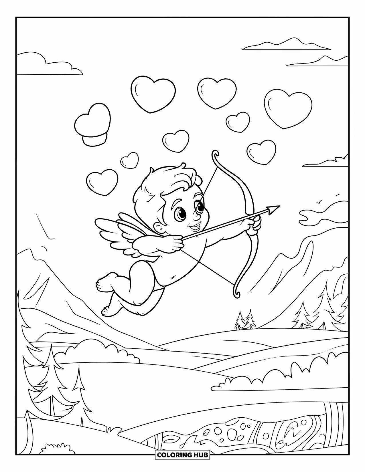 Cupid Coloring Page for Kids: Cupid flies through heart bubbles over mountains and trees