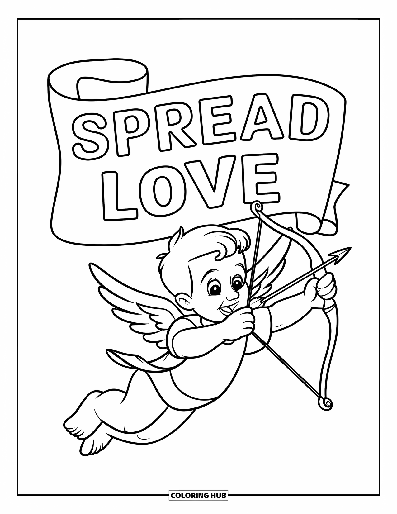 Cupid Coloring Page for Kids: Cupid flies with a banner reading ìSpread Love,î bow in hand