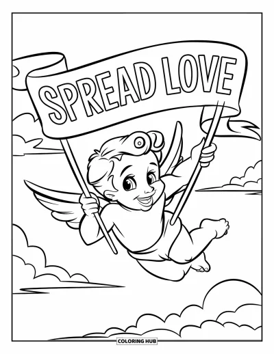 Kolorowanka z Kupidynem dla dzieci: Kupidyn leci z trzepoczącym transparentem "Spread Love", otoczony serduszkami