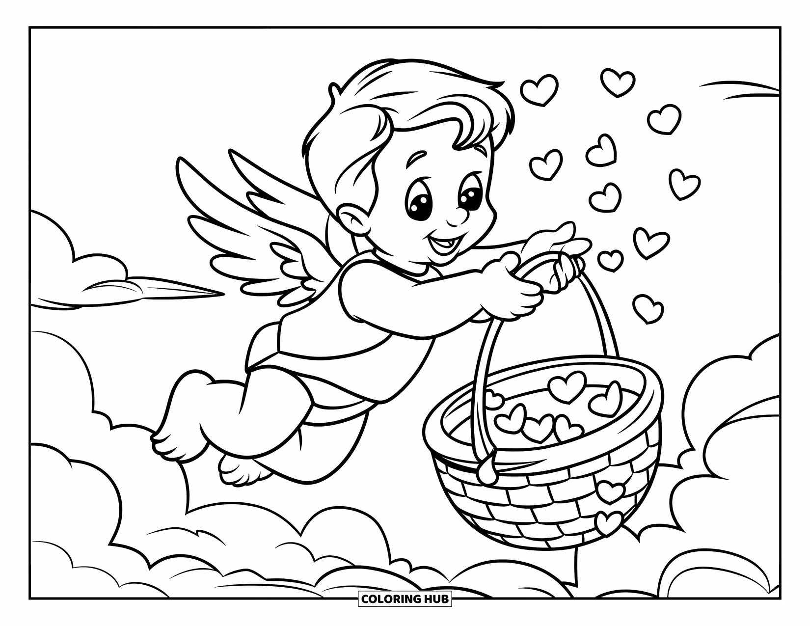 Cupid Coloring Page for Kids: Cupid floats in the clouds catching heart confetti in a basket