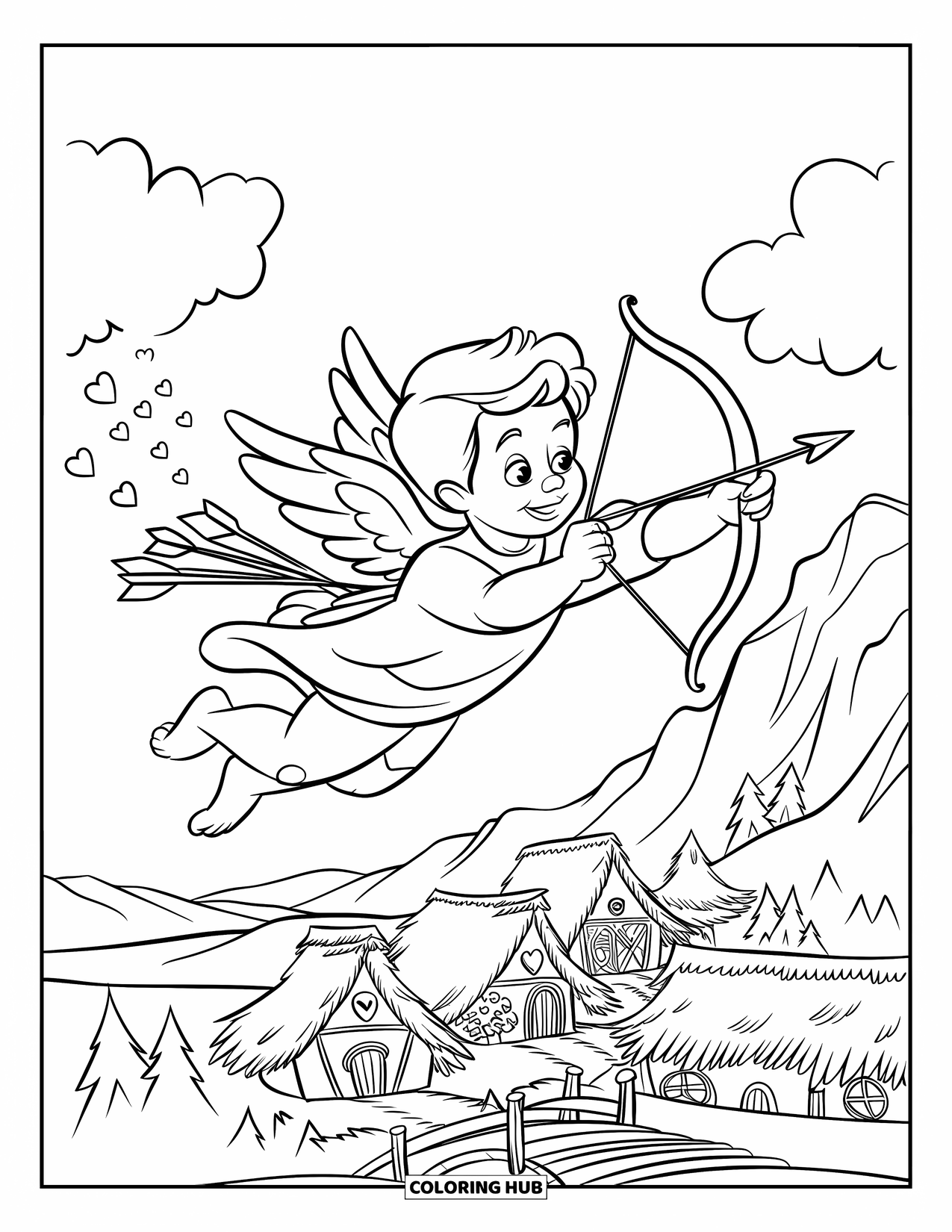 Cupid Coloring Page for Kids: Cupid glides above a quaint village leaving a trail of heart arrows