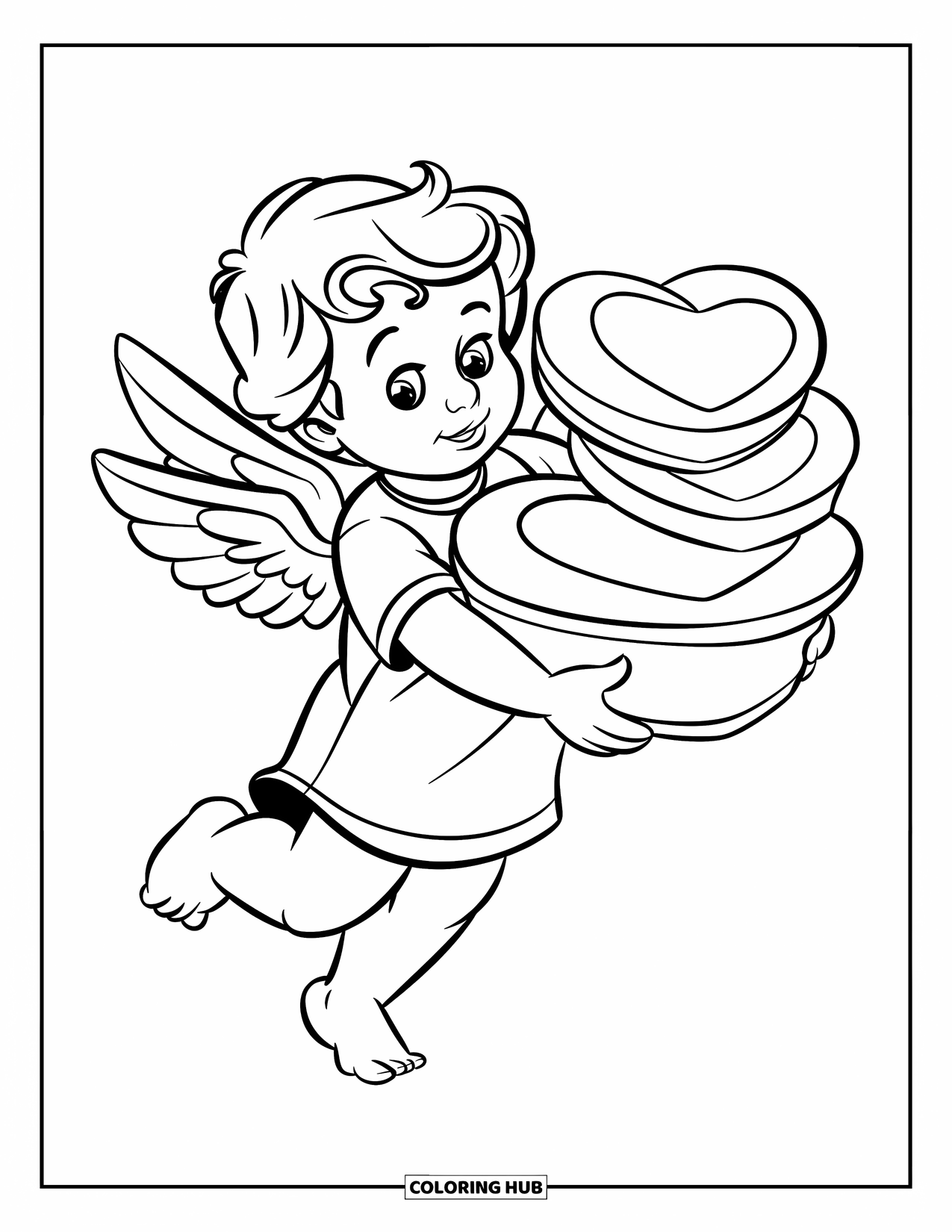 Cupid Coloring Page for Kids: Cupid holds a tall stack of heart-shaped presents with wings spread