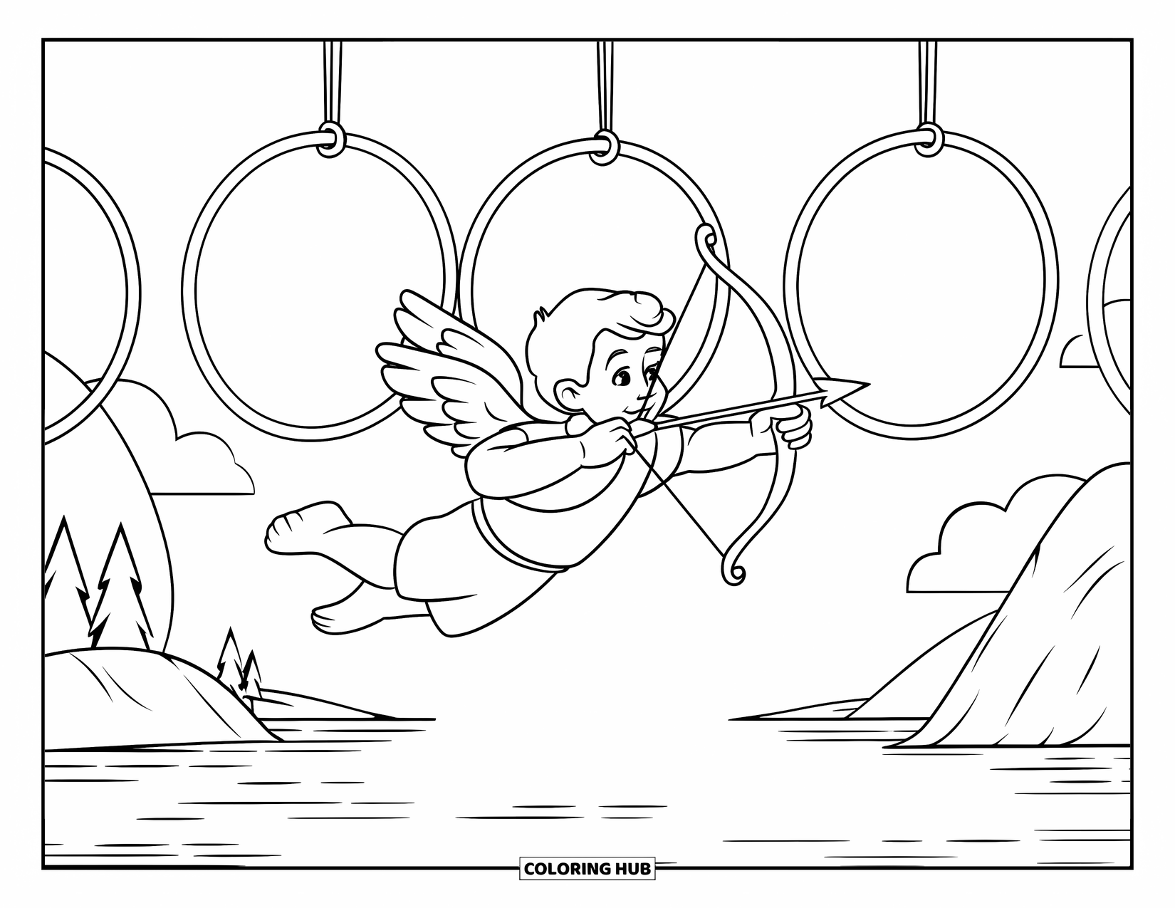 Cupid Coloring Page for Kids: Cupid in a vest soars through heart hoops over mountains and water