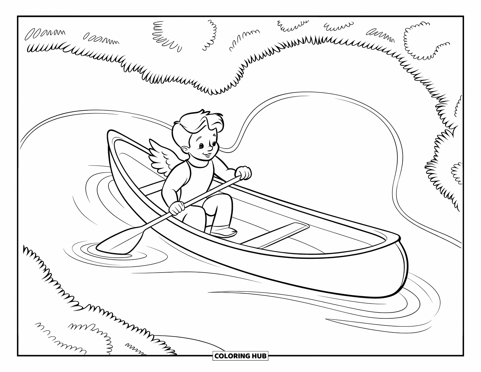 Cupid Coloring Page for Kids: Cupid paddles a canoe down a heart-shaped river in the forest