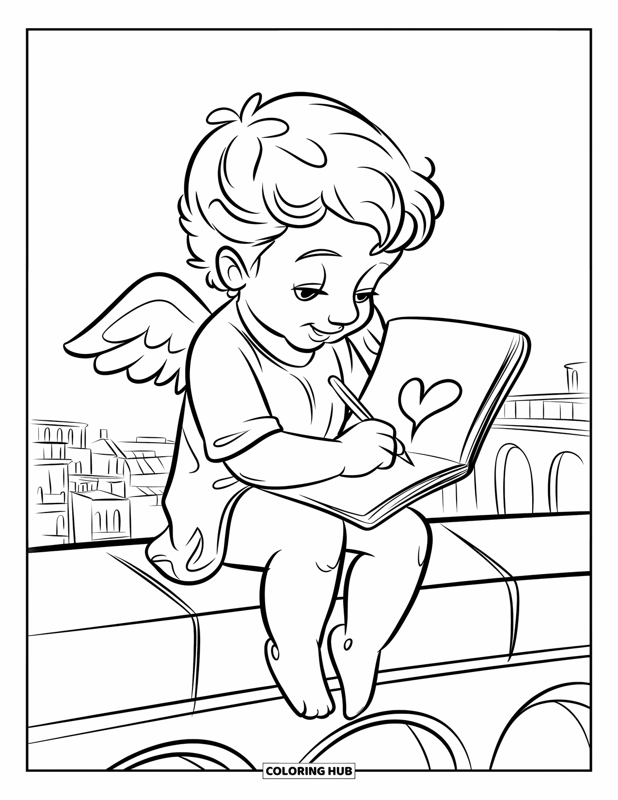 Cupid Coloring Page for Kids: Cupid perches on a high stone wall, drawing hearts in a notebook