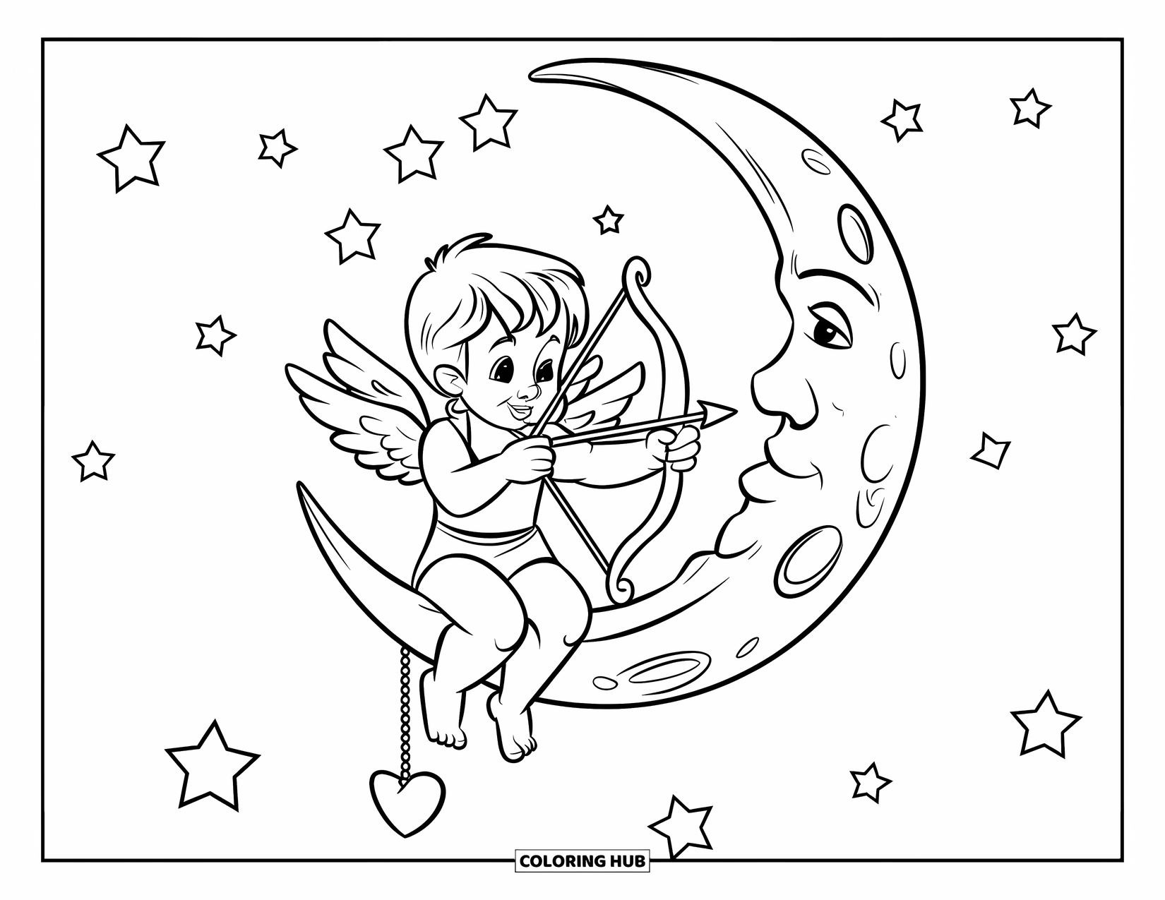 Cupid Coloring Page for Kids: Cupid sits on the moon holding a bow under a starry sky