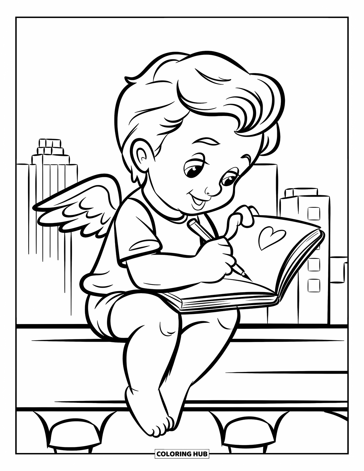 Cupid Coloring Page for Kids: Cupid sketches hearts in a notebook while sitting on a ledge above a city
