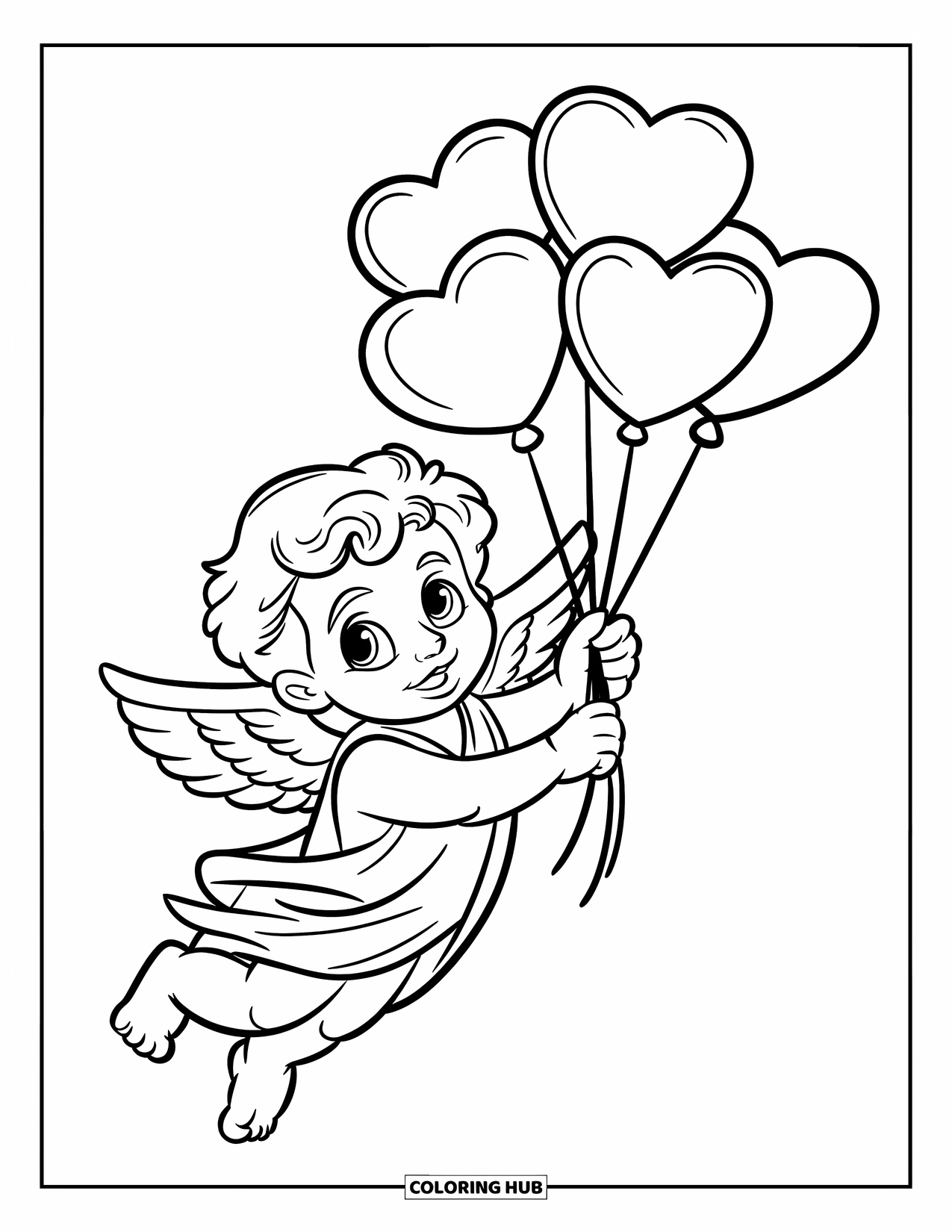 Cupid Coloring Page for Kids: Cupid smiles softly while clutching heart-shaped balloons
