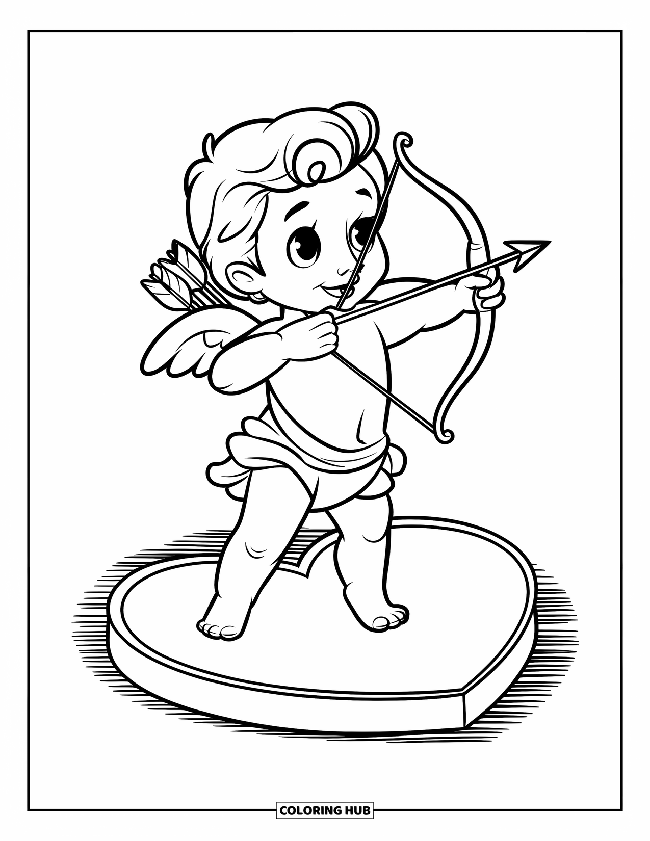 Cupid Coloring Page for Kids: Cupid stands on a heart-shaped platform with a bow
