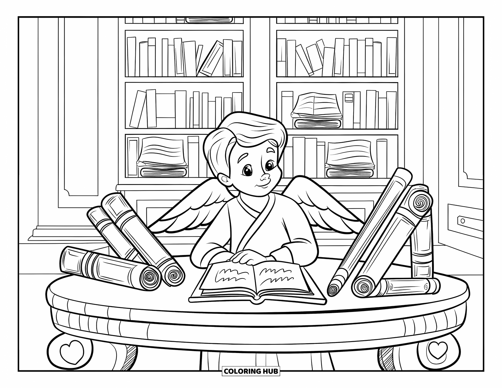 Cupid Coloring Page for Kids: Cupid studies quietly at a desk surrounded by storybooks
