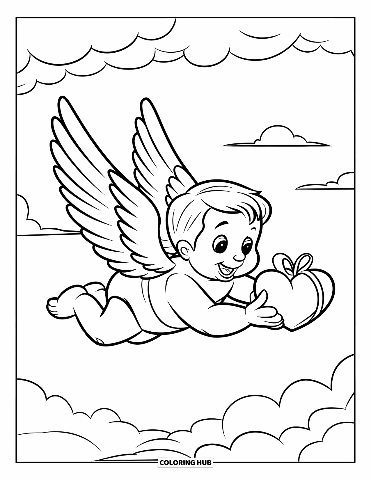 Cupid Coloring Page for Kids: Cupid with oversized wings flies holding a ribbon-tied heart gift