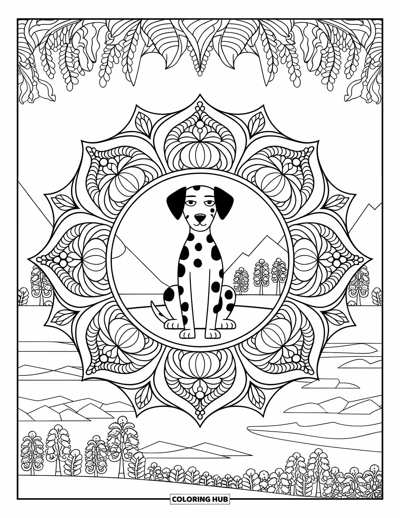 Dalmatian Coloring Page for Adults: A calm dalmatian sits at the center of a detailed floral mandala