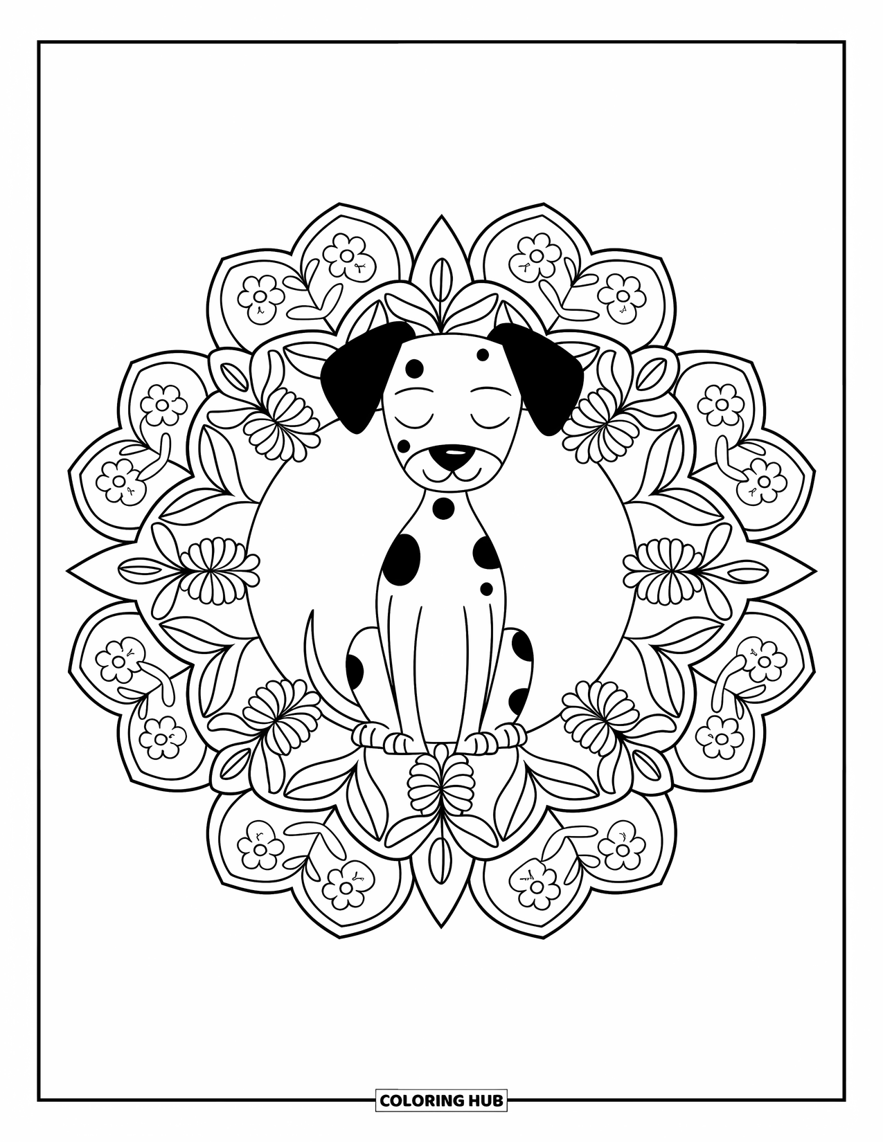 Dalmatian Coloring Page for Adults: A calm dalmatian with closed eyes rests inside a floral mandala