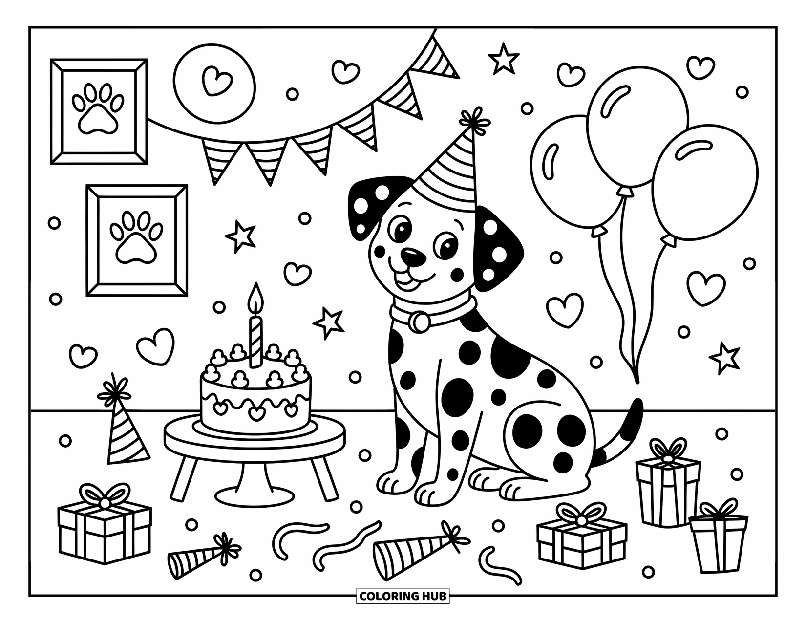 Dalmatian Coloring Page for Adults: A dalmatian celebrates with a party hat, cake, and festive confetti