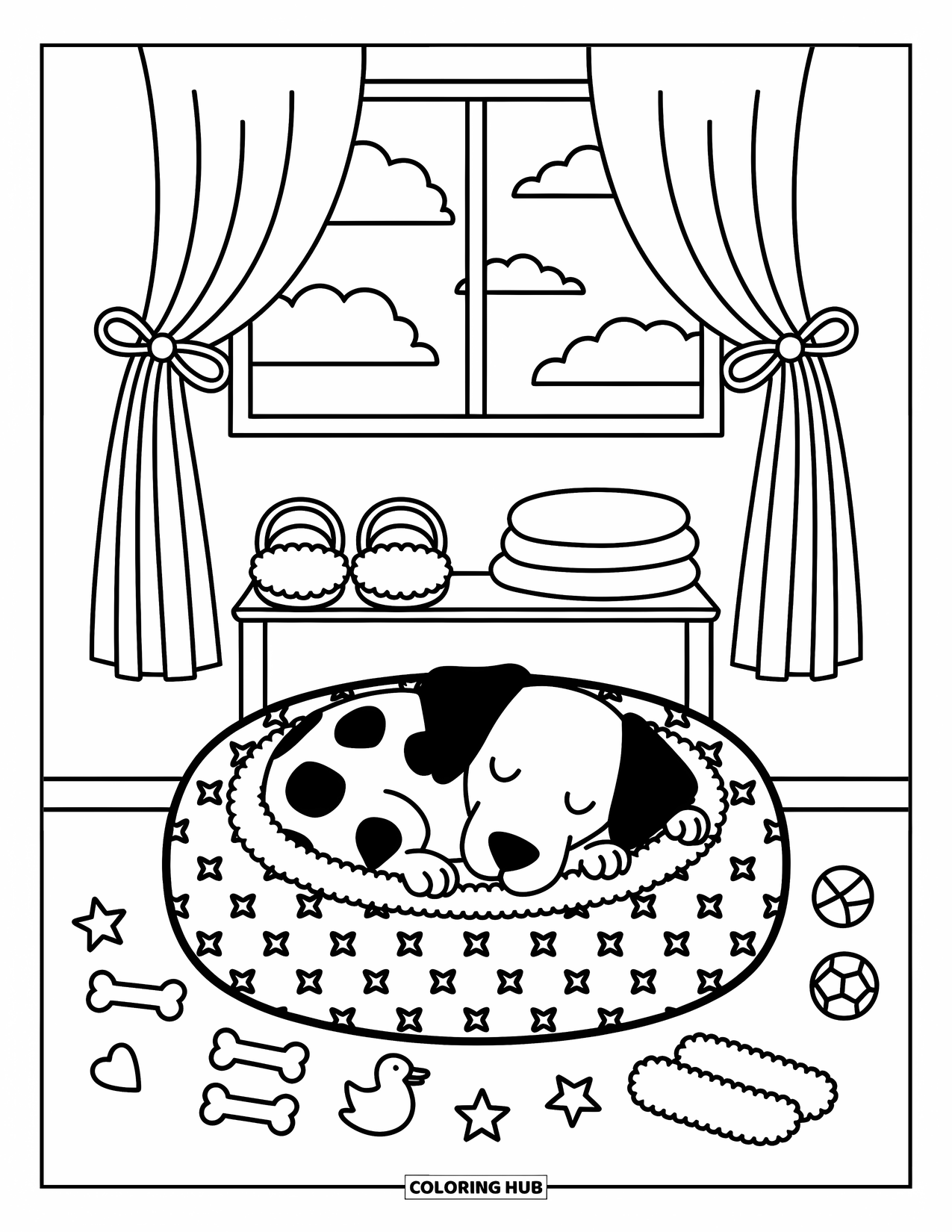 Dalmatian Coloring Page for Adults: A dalmatian curls up in a soft round bed with little toys nearby