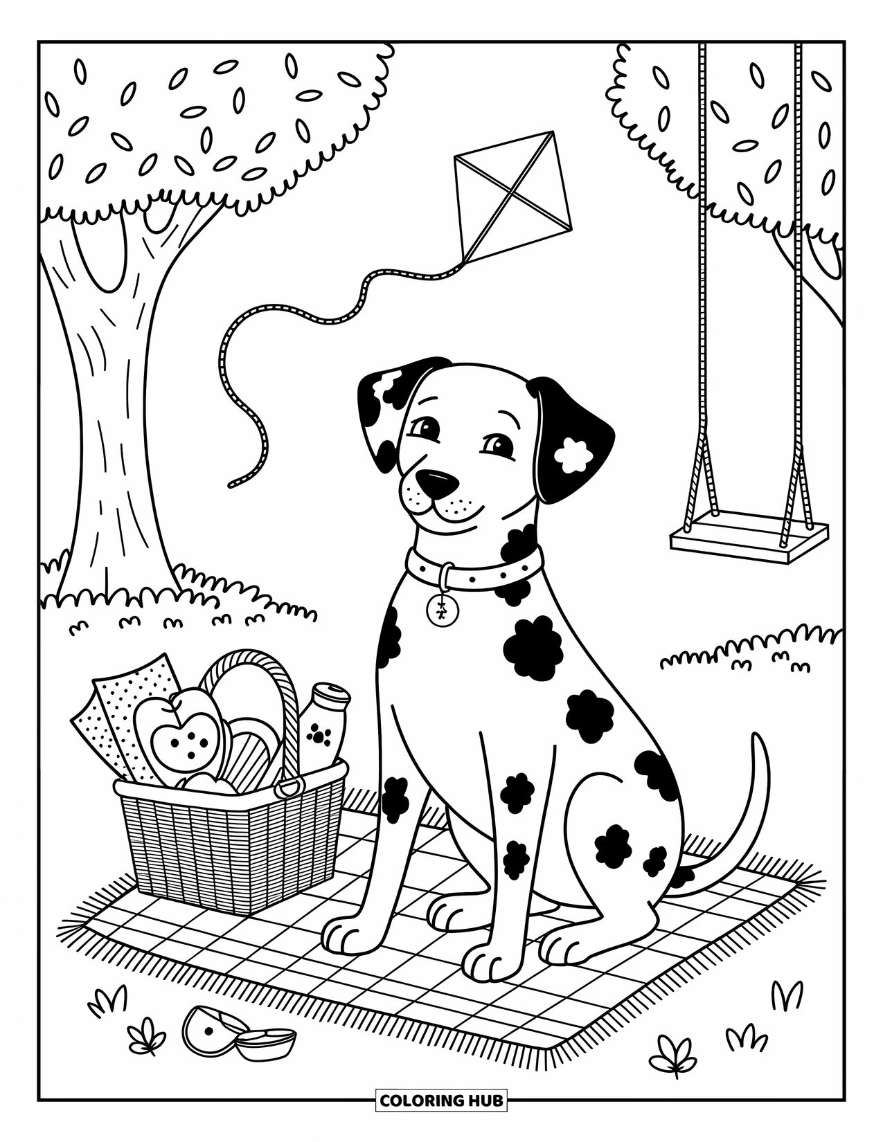 Dalmatian Coloring Page for Adults: A dalmatian enjoys a quiet picnic with sandwiches and apples