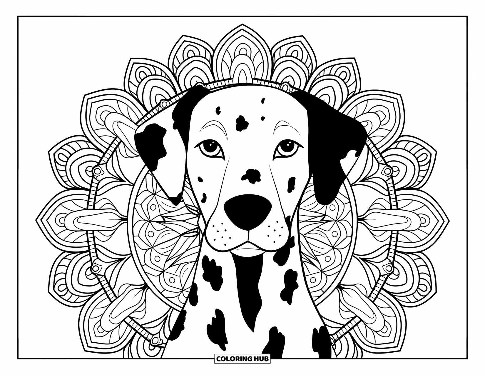 Dalmatian Coloring Page for Adults: A dalmatian face with spots appears before layered floral and wave mandala patterns