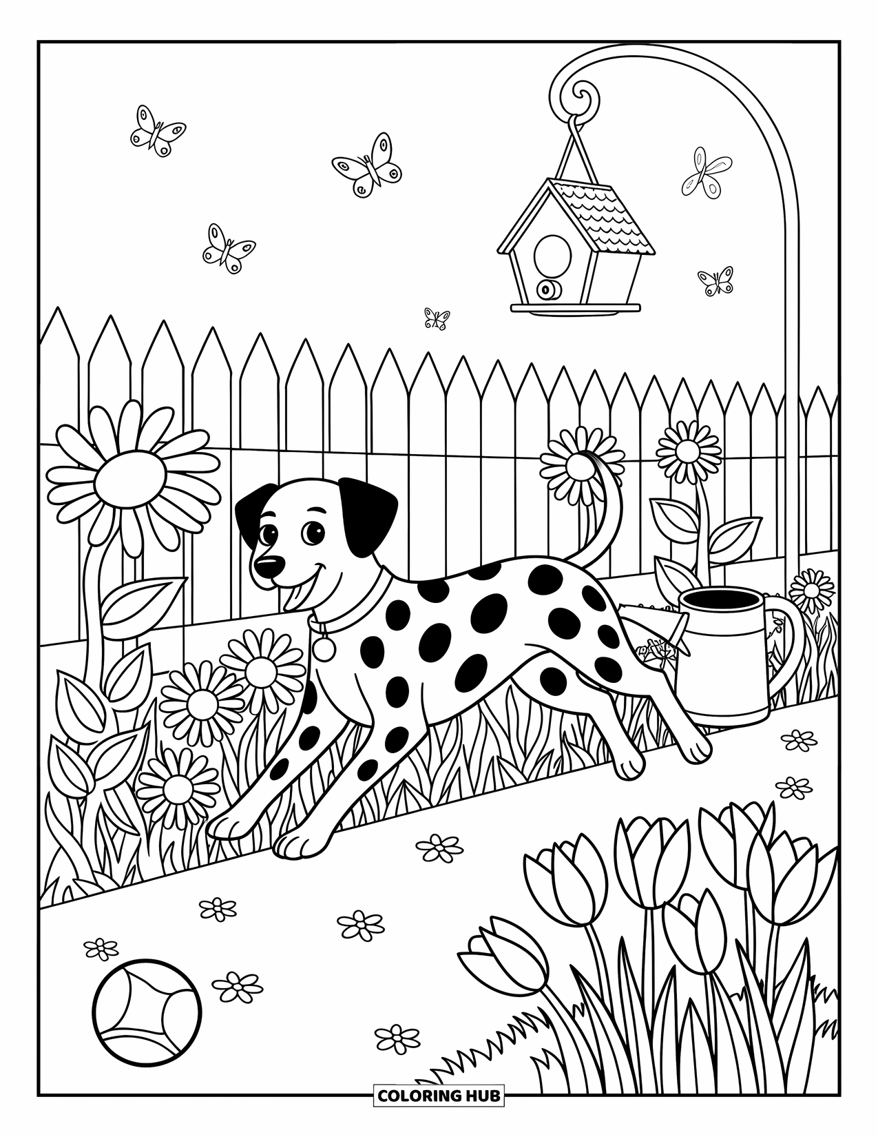 Dalmatian Coloring Page for Adults: A dalmatian leaps joyfully through a garden with butterflies and blooms