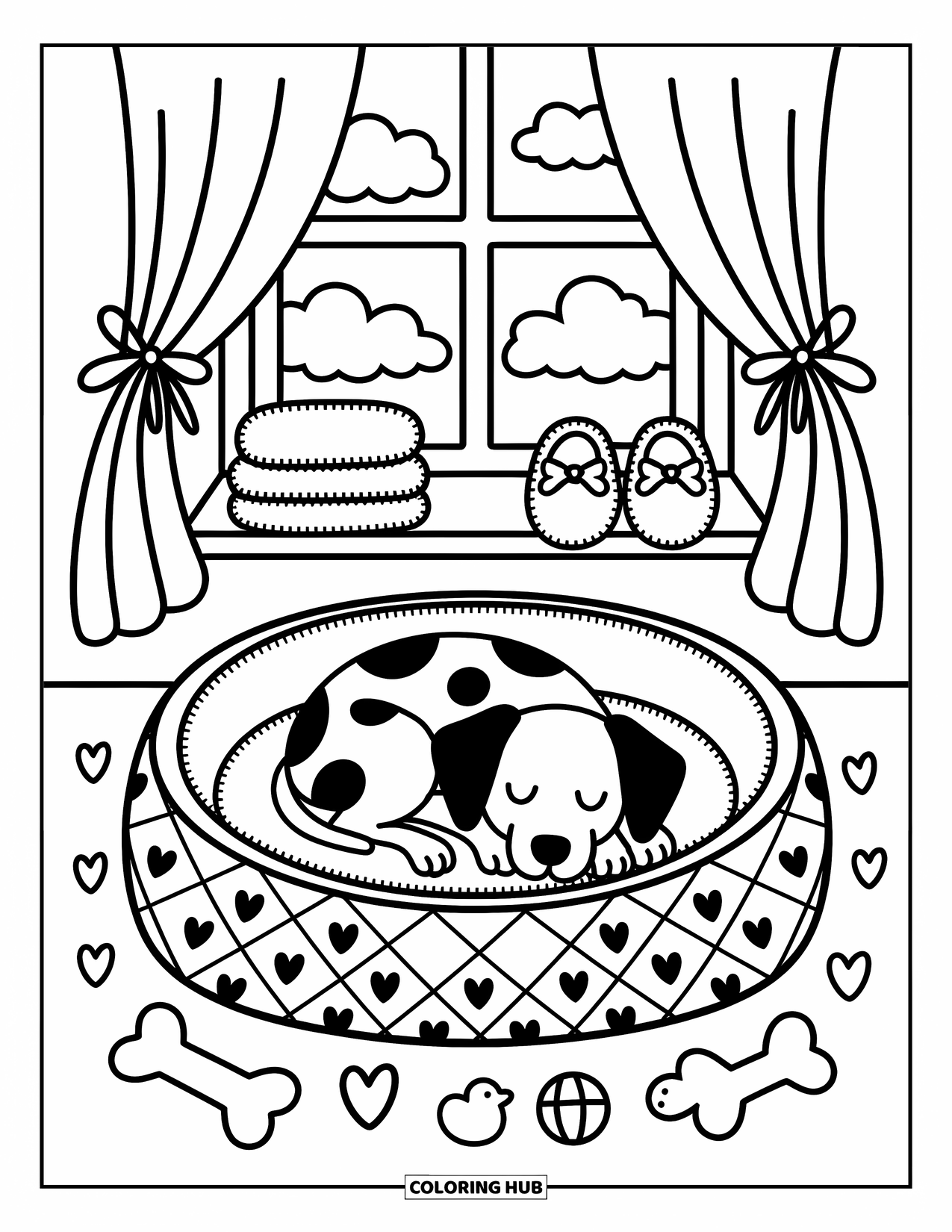 Dalmatian Coloring Page for Adults: A dalmatian rests in a cozy bed surrounded by playful toys