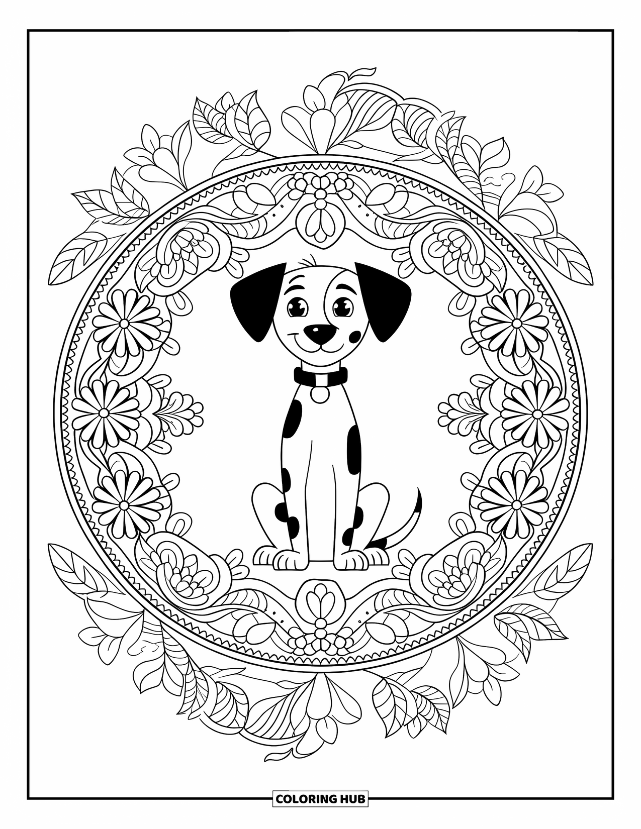 Dalmatian Coloring Page for Adults: A dalmatian sits quietly in the middle of a floral mandala design