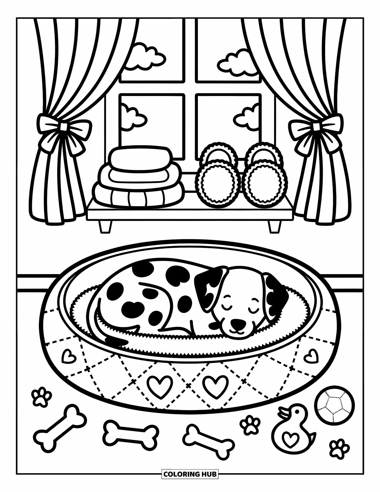 Dalmatian Coloring Page for Adults: A dalmatian sleeps in a quilted bed near a window with curtains