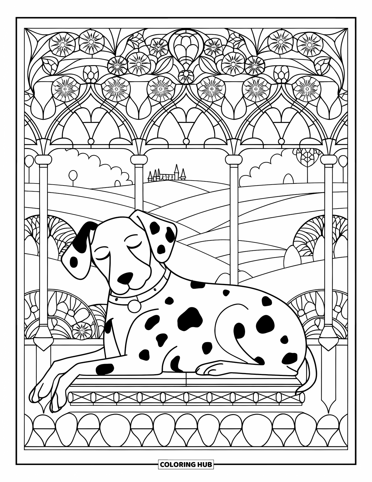 Dalmatian Coloring Page for Adults: A dalmatian sleeps peacefully under arches decorated with flowers and leaves