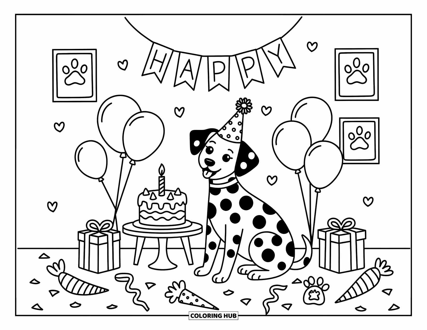 Dalmatian Coloring Page for Adults: A dalmatian wearing a party hat sits among balloons and gifts