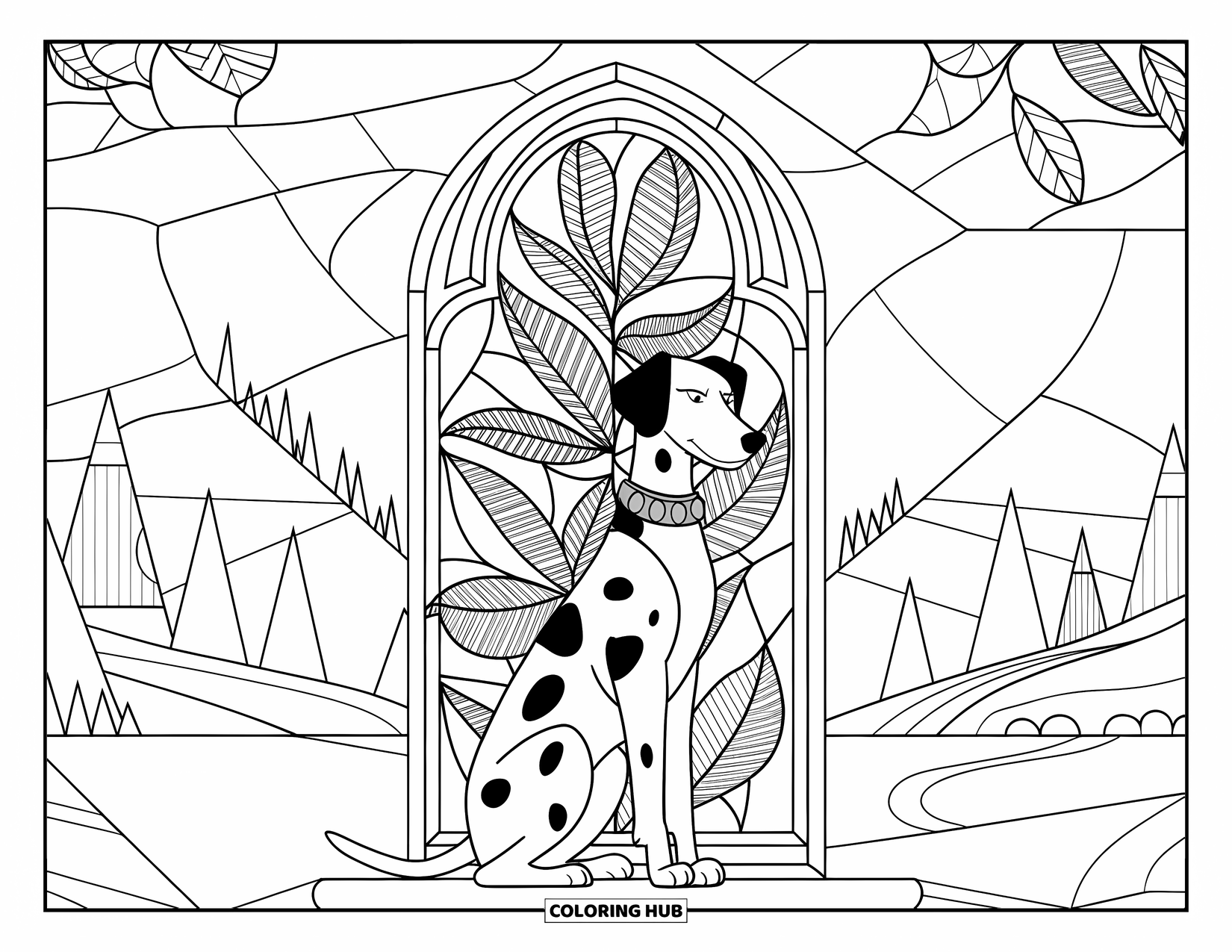 Dalmatian Coloring Page for Adults: A noble dalmatian with a gold collar sits before a leafy stained glass arch